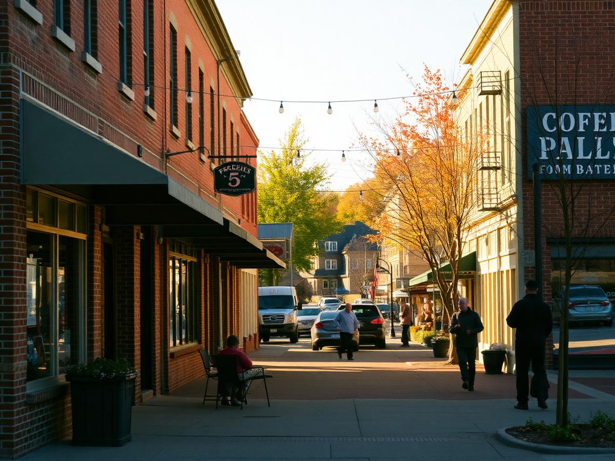 Brick storefronts and neighbors on a small-town main street in autumn light