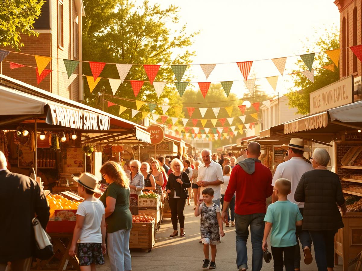 Families browsing stalls at a small-town farmers market with bunting overhead