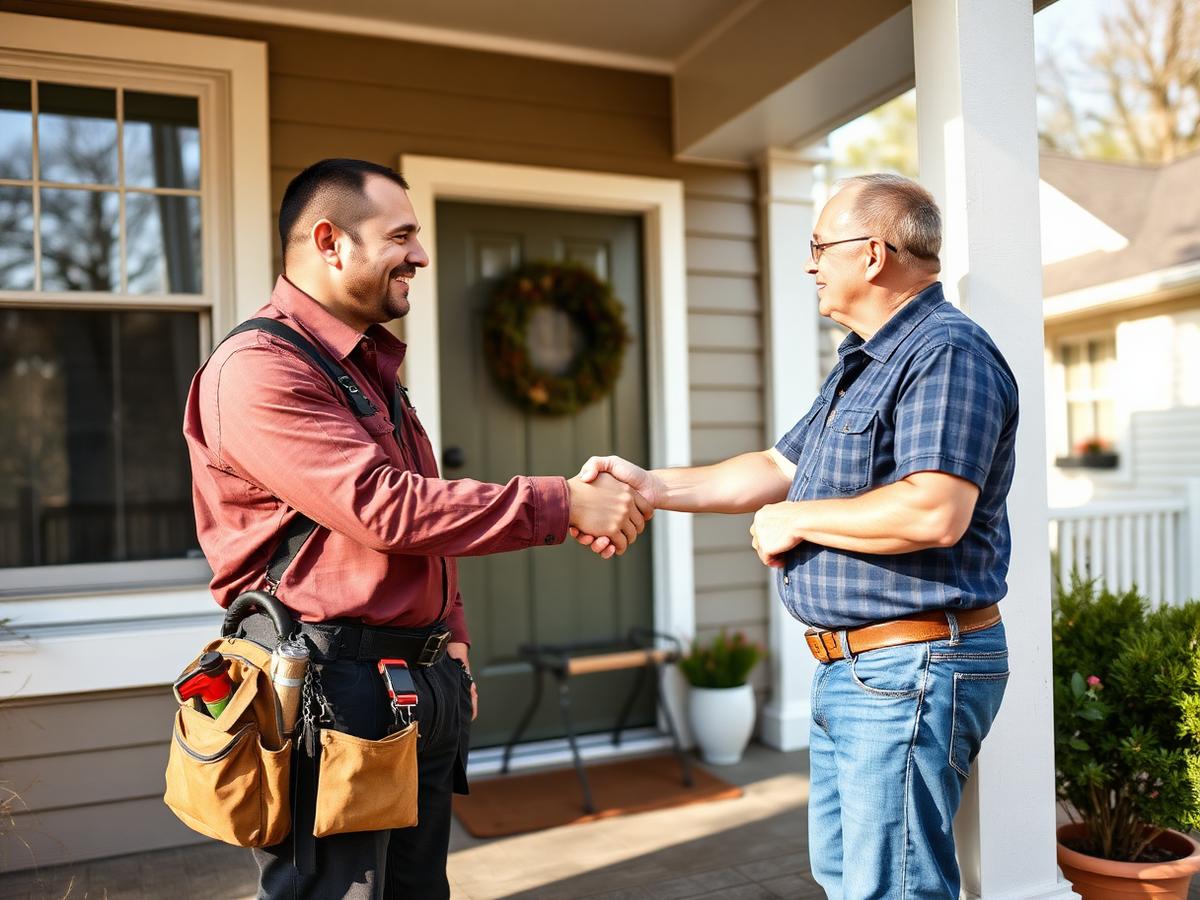 A local tradesperson with a toolbag shaking hands with a homeowner on a front porch